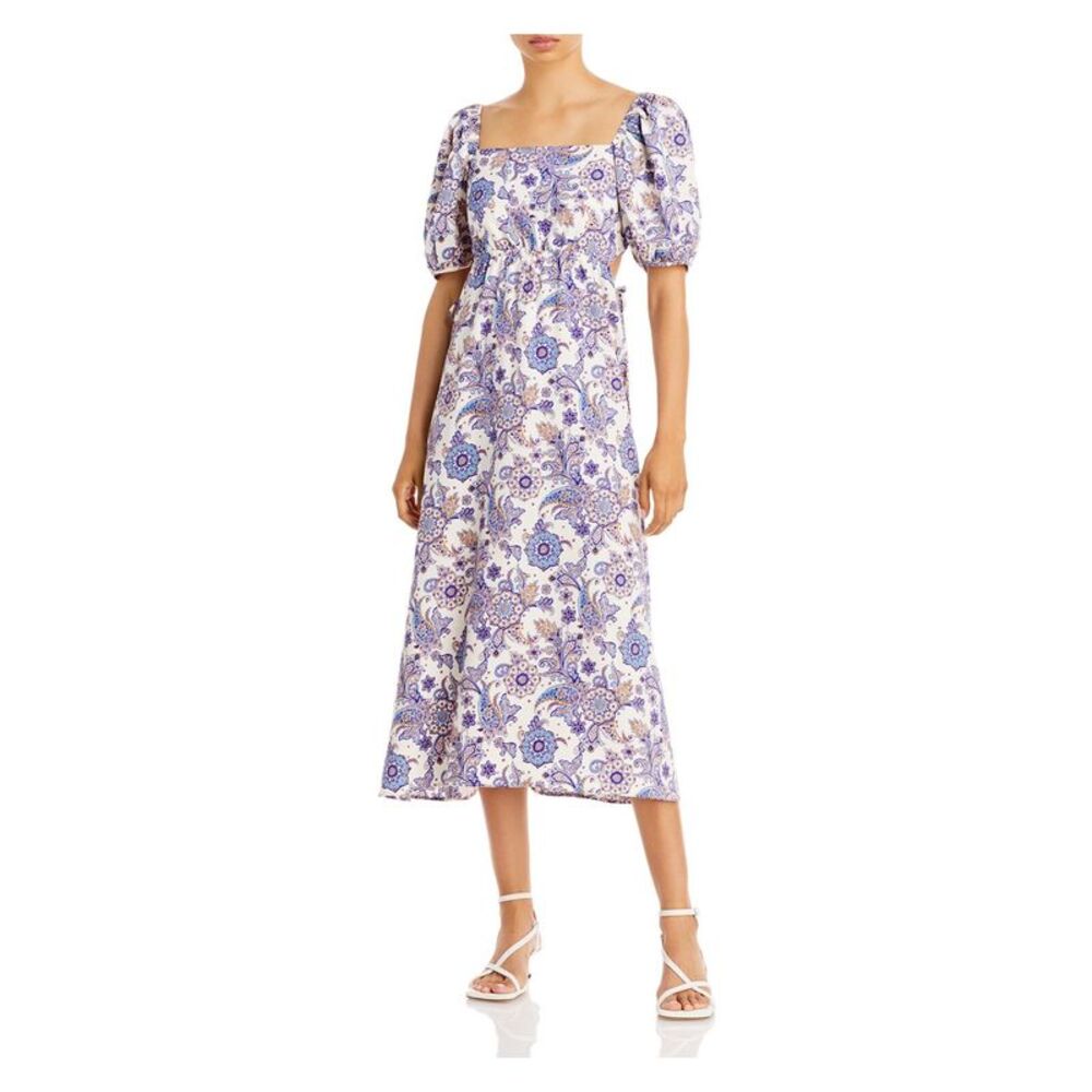 AVA & ESME Womens White Paisley Pouf Sleeve Square Neck Midi Sheath Dress XS